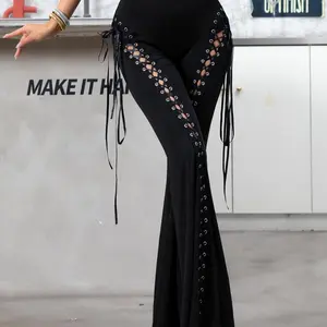 Women's Lace Up Tie Front Flare Leg Pants, Punk Fashion Casual High Waist Bell Bottom Trousers for Daily Outdoor Wear, Ladies Bottoms for All Seasons