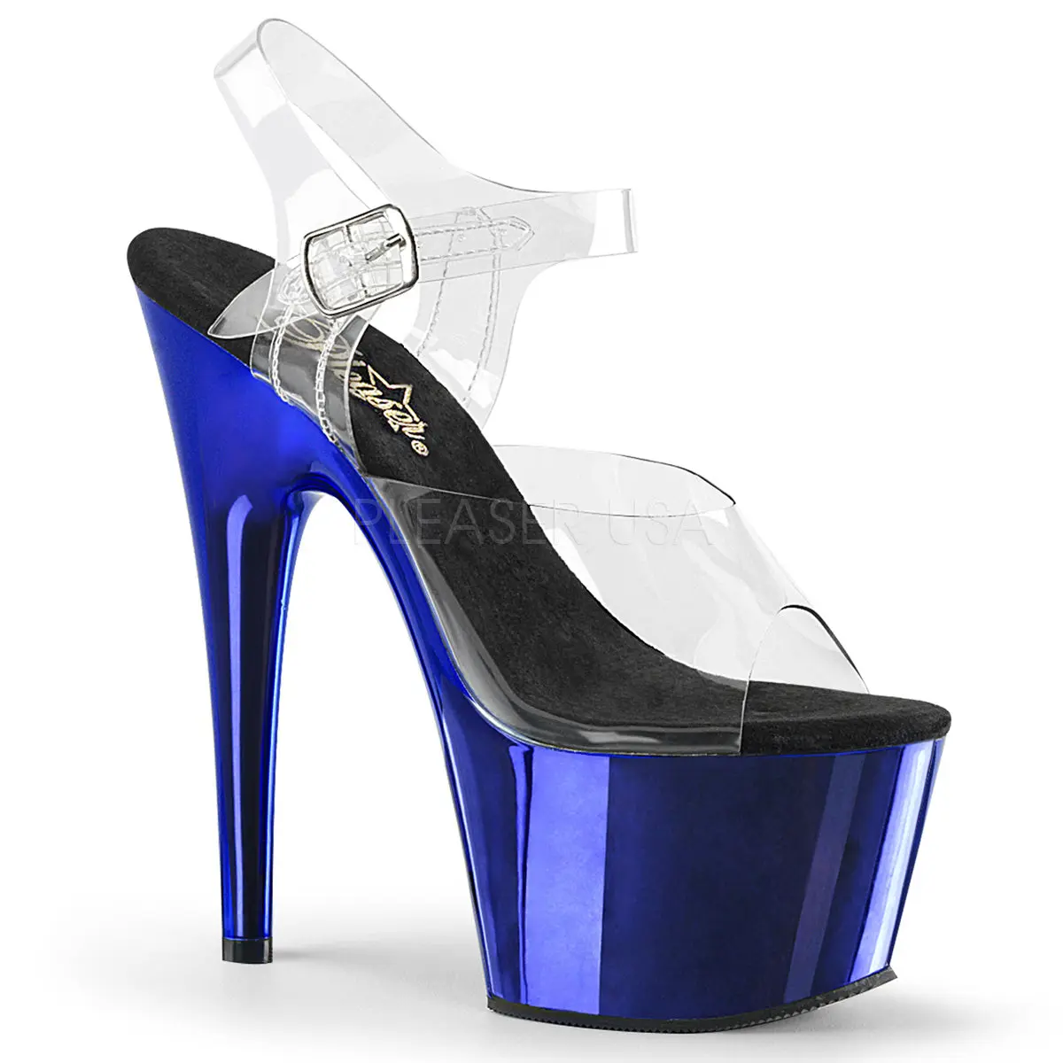 ADORE-708 Platform Sandals in Blue Chrome, Ankle Strap Footwear with Open Toe and 7 In Chrome Plated High Heels, Heeled, Shoe, Women, Stylish, Fashion, 7-Inch Chrome Heel