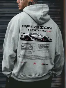 Men's Car Print Hoodie, Gift for Car Enthusiasts, Streetwear Cyberpunk Style, Fall & Winter Casual Fitted Kint Fabric, Graphic Print Hoodie