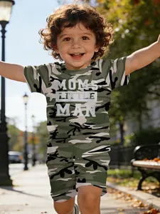 Cool and handsome camouflage style printed infant short-sleeve set with "Mom's Little Man" pattern, casual kids' wear for babies, suitable for daily and outdoor sports T-shirts. Made of 100% polyester, a perfect gift for infants and young children!