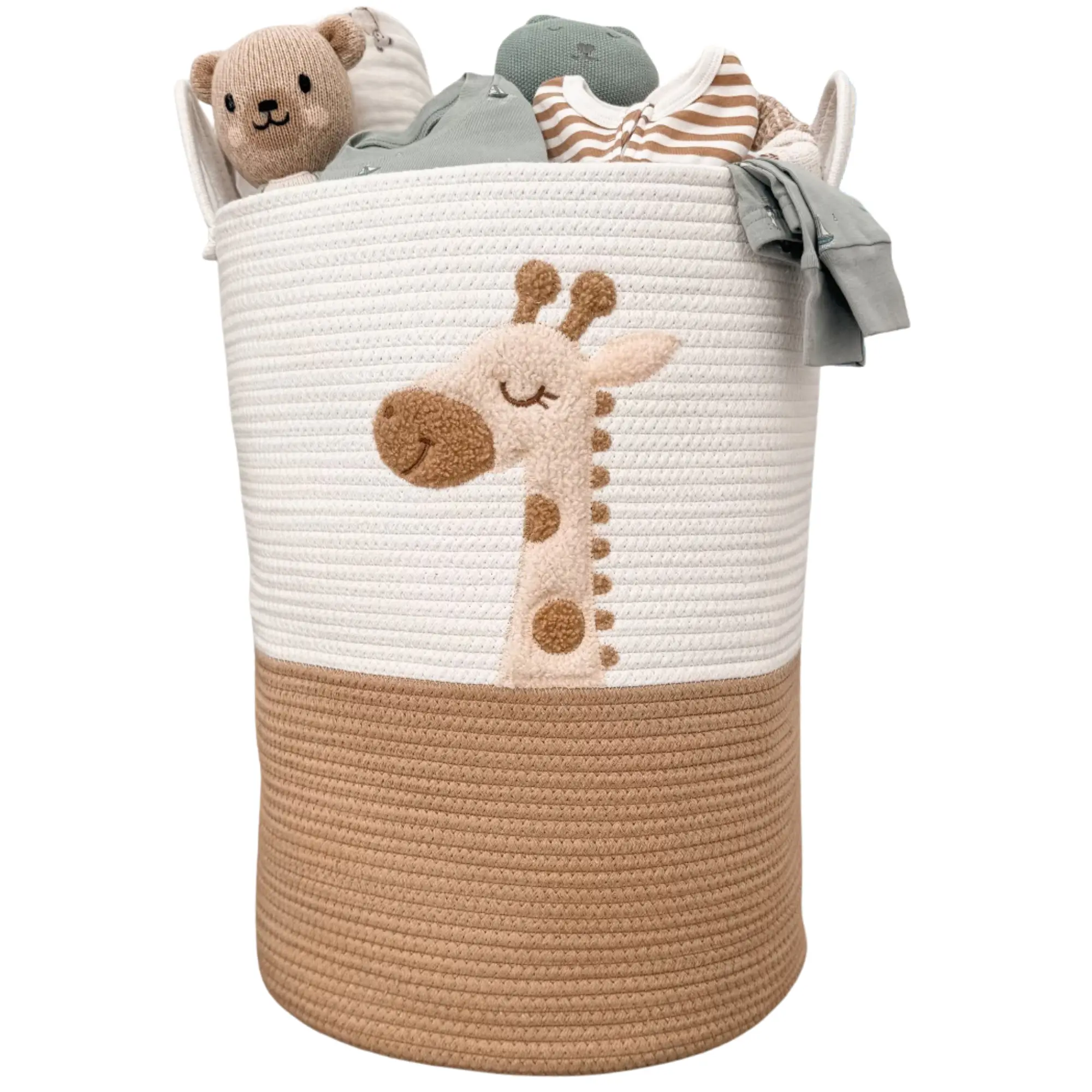 Baby Laundry Basket & Nursery Hamper – 20"x15" Large Giraffe Baby Hamper for Nursery Decor, Tall Woven Rope Dirty Clothes Laundry Hamper with Handles, Safari Animal Baby Room Storage Bin (White & Tan)