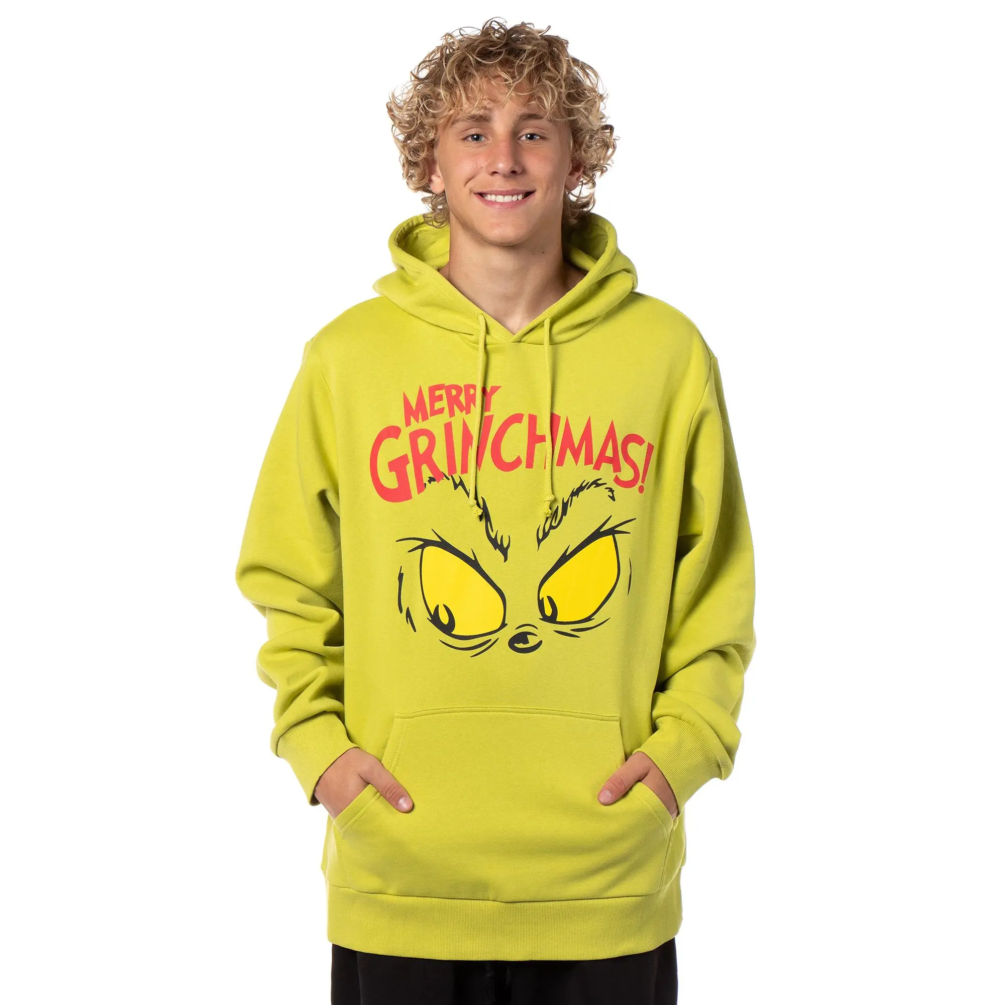 Dr. Seuss' The Grinch Men's Casual Merry Grinchmas Graphic Hoodie, Cotton Blend Pullover Sweater with Kangaroo Pocket, Tops, Menswear, Long Sleeve, Festive, Sweatshirt