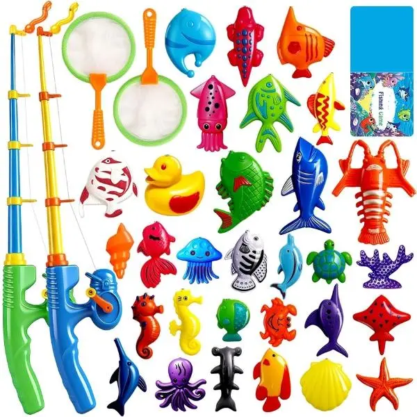 Magnetic Fishing Playset for Kids Ages 3-8, Water Play Toy with Fishing Rod, Net & Floating Sea Animals – Bath, Pool Activity Toy