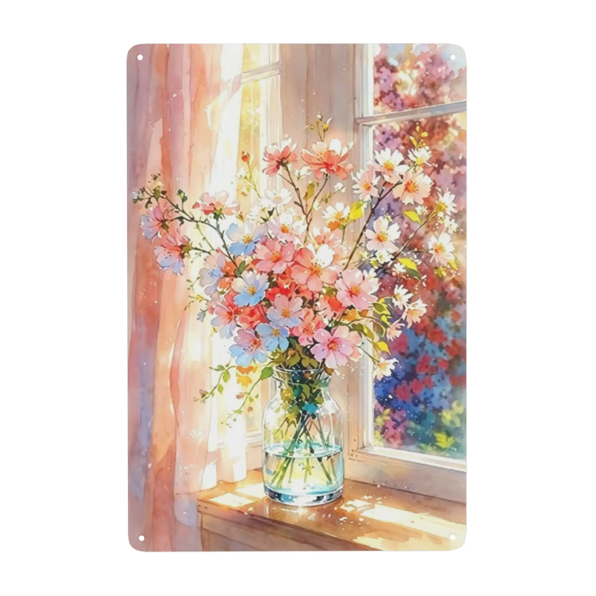 Vintage Distressed Metal Tin Sign - Elegant Watercolor Pastel Wildflower Vase, Sunlit Window, Pink Sheer Curtain Wall Plaque, Shabby Chic Pastoral Decor for Girls Bedroom Vanities, Kitchen & Floral Shops Farmhouse Home Art