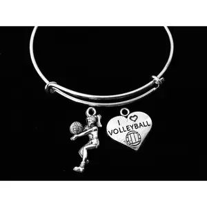 I Love Volleyball Girl Adjustable Bracelet Silver Wire Bangle Sports Team Gift Volleyball Player Team Sports Gift Coach