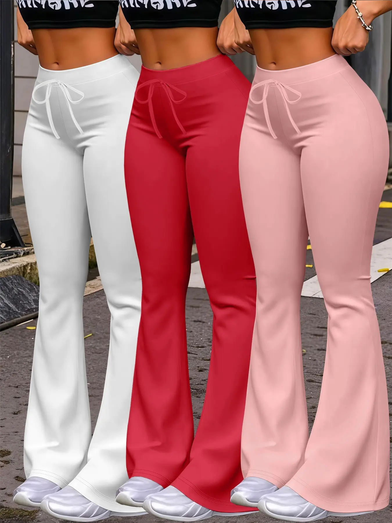 Women's Long Pants, Athleisure Casual Sporty Trousers, Fashionable Casual Wide Leg Yoga Sport Breathable Milk Silk Fabric, Fitted Adjustable Drawstring Waist, All Seasons Wear, Casual Chic Bottoms