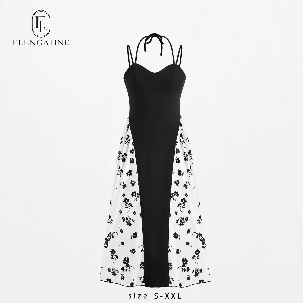 Elengatine Viral Black & White Floral Maxi Dress for Women | Spaghetti Strap Patchwork Long Dress | Slim Fit, Flowy & Breathable Fabric | Perfect for Spring Summer Outfits, Vacation, Brunch, Date Night, Elegant Street Style & TikTok USA Trends,summerwins