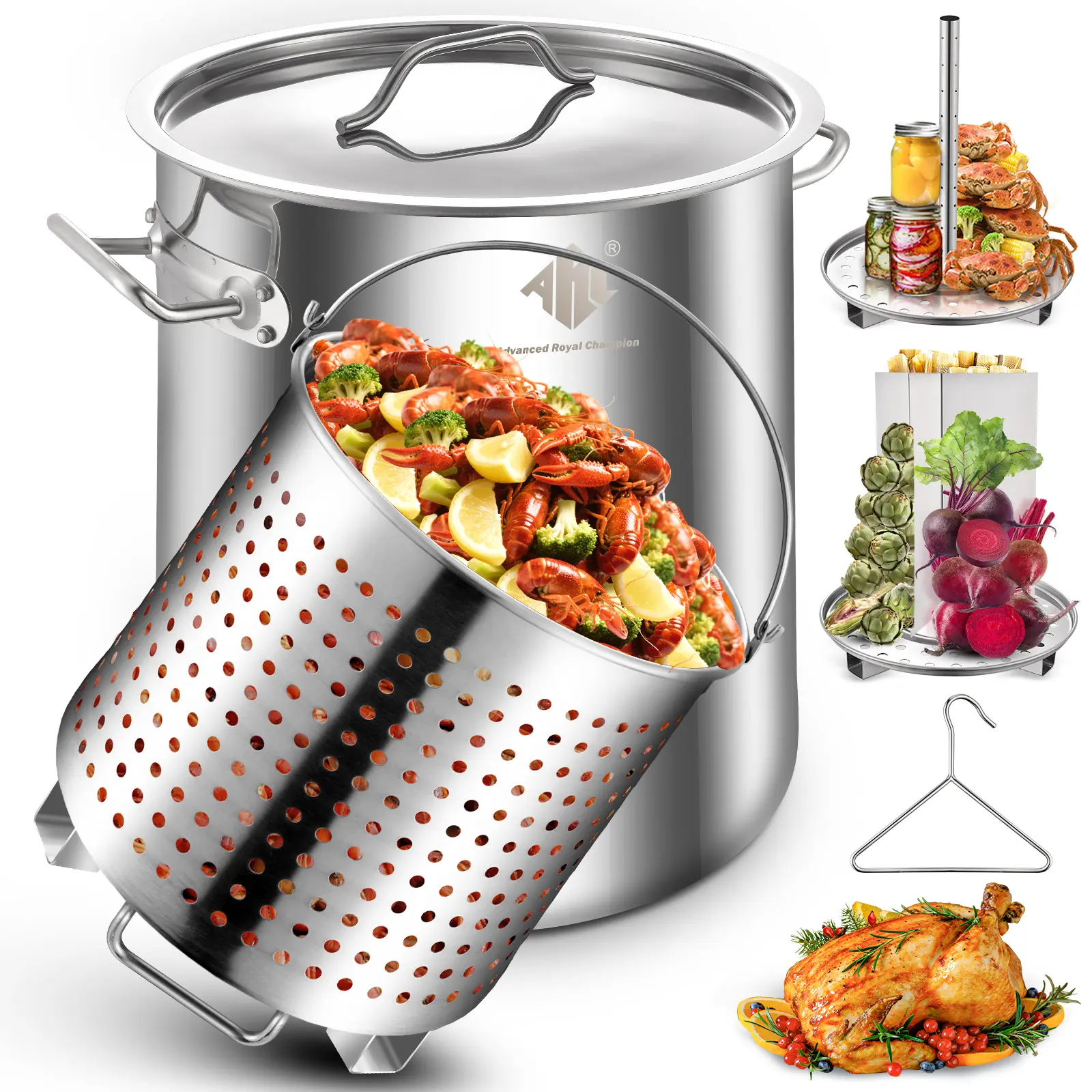 32QT-100QT Stainless Steel Stockpot for Seafood Crawfish Crab Boil Turkey Fryer Pot with Basket Divider and Hook, Crab Lobster Shrimp Outdoor Cooking and Home Brewing