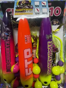 Los Chunkys, FTP, and Honey Hole 3 Pack: Los Chunkys (13cm) on 6/0 yellow fluorescent hook, FTP (13cm) on 8/0 yellow fluorescent hook, Honey Hole (13cm) on 8/0 yellow fluorescent hook, all on 100 pound yellow mono leader lines