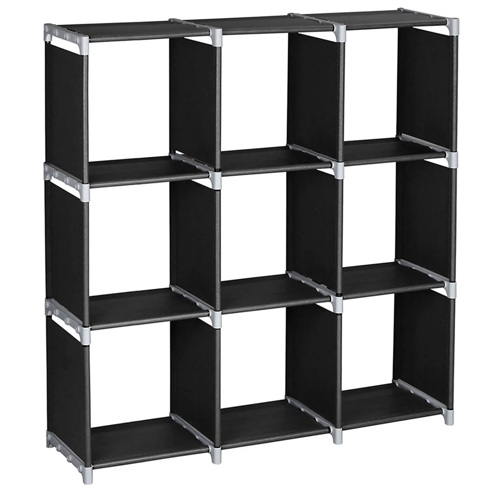 Black Multifunctional Assembled 3-Tier 9-Compartment Shelf Organizer, Steel & Plastic Indoor Furniture Shelves with Easy Installation, Storage Shelf, Waterproof