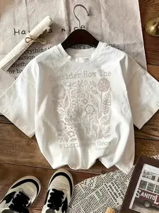Soft 100% Women's Casual T-Shirt - Vibrant Wildflower Print Short Sleeve Tee, Lightweight & Breathable for Summer, Machine Washable, White