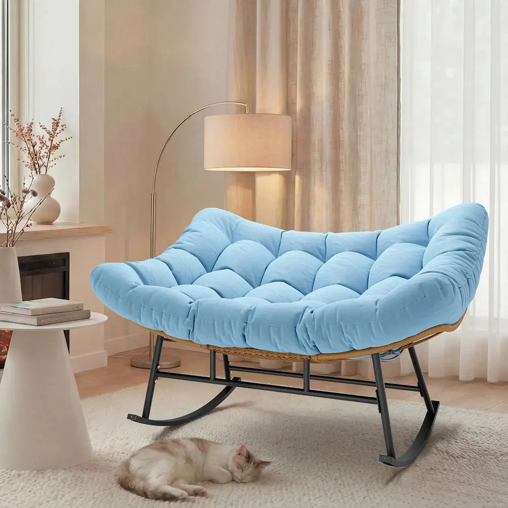 SIKAIC Oversized Sky Blue Modern Rattan Swinging Lounge Chair - 2-Seater Outdoor Wicker Loveseat for Couples, Ergonomic 6.7-in Thick Cushions, Reinforced Balanced Gliding Base, Waterproof, 660 lbs Capacity, Patio/Backyard Outdoor Chairs