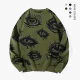 Unisex Simple Detailed Full-Length Graphic Knit Pullover Oversized Sweater - Round Neck, Regular Fit Polyester Streetwear Clothing, Casual Fall & Winter Daily Wear, Stylish Eye Print Top for Classic Jeans, Perfect Spooky Halloween Outfits,sohochic