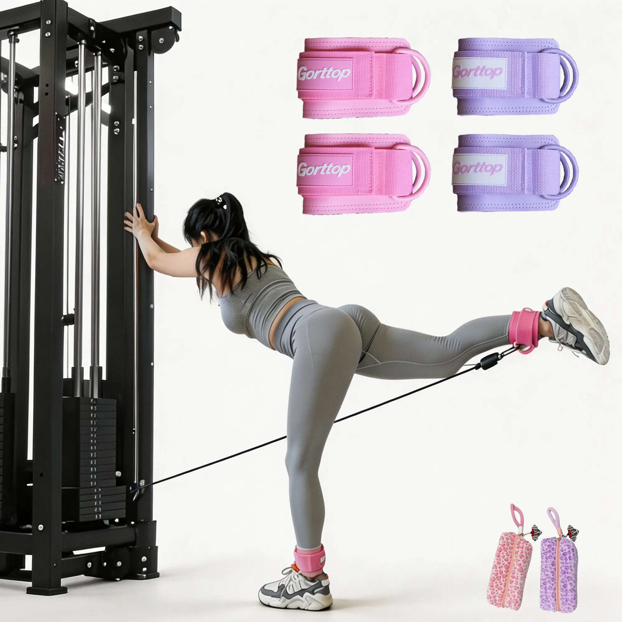 Gorttop Padded Ankle Straps for Cable Machine for Women, Adjustable Glute Kickback Ankle Cuffs with Reinforced D-Rings, Booty Leg Hip Lower Body Training, Gym & Home Gym Workout Equipment with Storage Bag