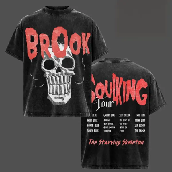 Brook "SoulKing Tour" Washed Oversized Tee – Double-Sided Print One Piece Shirt | Vintage Streetwear Unisex T-Shirt | Heavyweight Cotton Anime Manga Tee | Gift for Anime Fans, Menswear Top Tshirt
