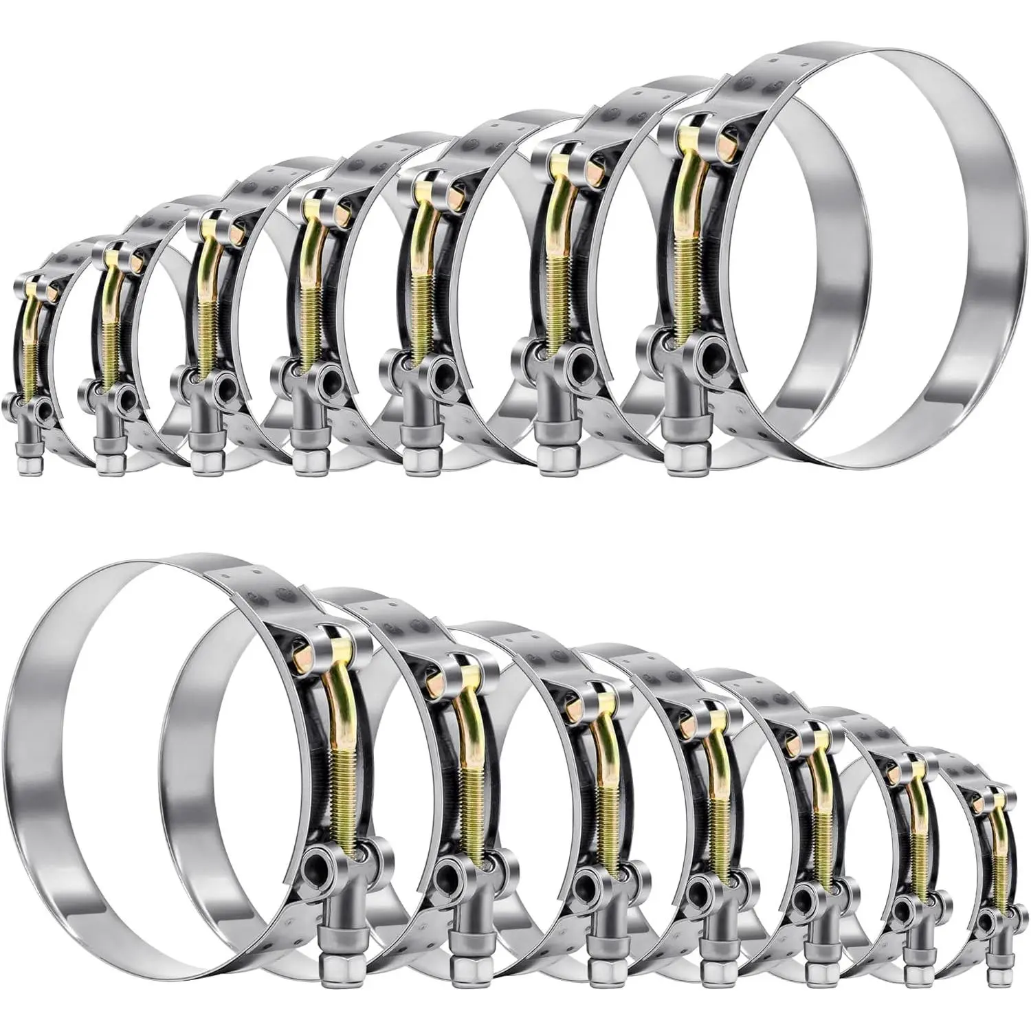 14 count 7 Sizes T-Bolt Hose Clamps, 304 Stainless Steel Turbo  Intercooler Clamp,Working Range 32-91mm for " Hose ID, Radiator Hose Clamps Assortment Set
