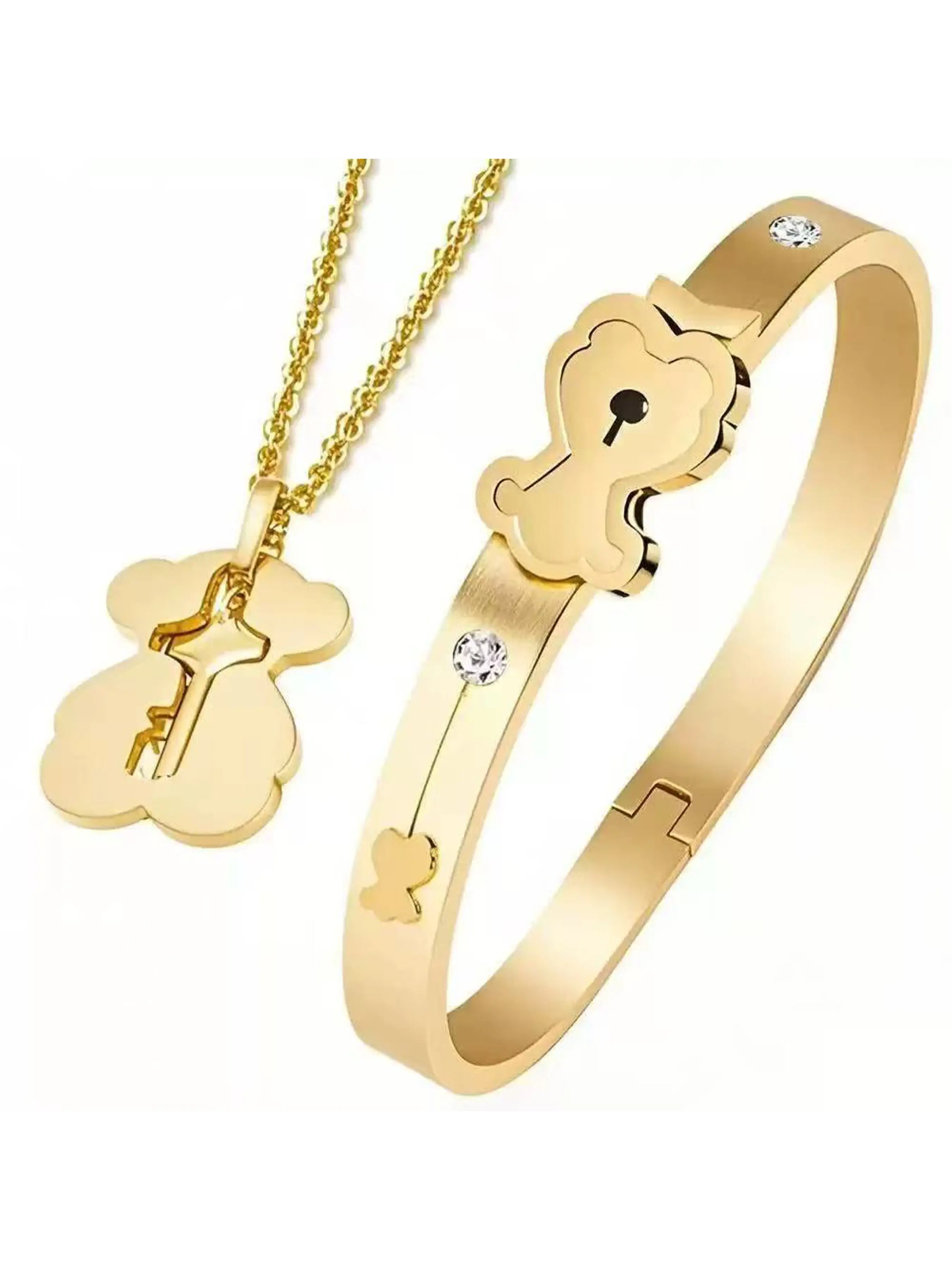 Stainless Steel Couple Bracelets Set, Trendy Jewelry Set, Bear Heart Lock Design, Titanium Steel Rhinestone, Unisex, Hypoallergenic, Perfect Gift, Bracelet Jewelry Sets