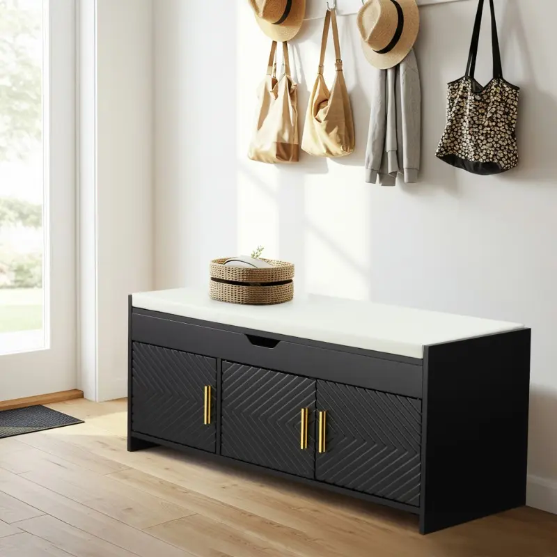 Modern Entryway Shoe Storage Bench, Wooden Hallway Seat with Removable Cushion & Hidden Compartments for Bedroom, Closet Organizer, Small Spaces, Black