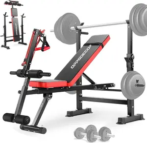 OPPSDECOR Adjustable Weight Bench Set With Removable Rowing Leg Catch, 600LBS Foldable Bench Press Set with Squat Rack Flat Incline Sit Up Workout Bench for Home Gym Strength Training