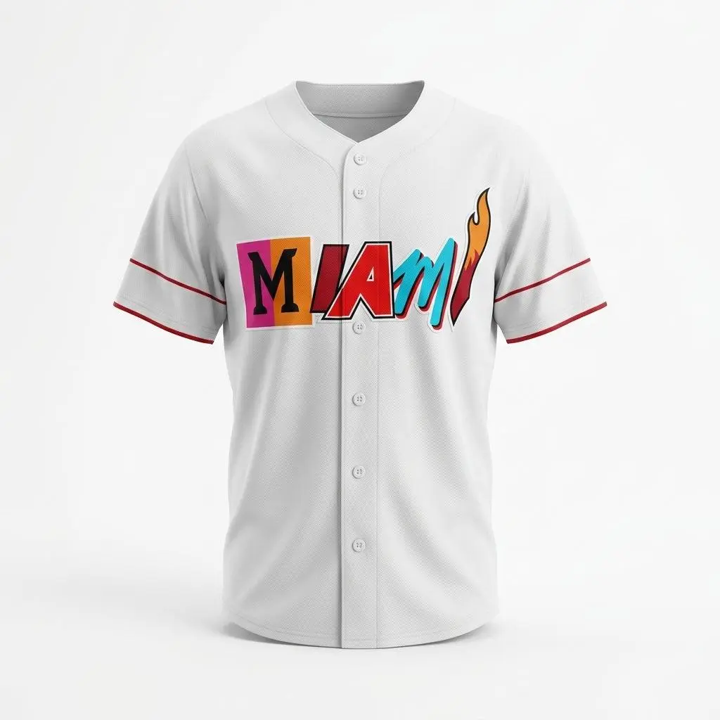 Men's Miami Flame Baseball Jersey - Short Sleeve Tops with Red Sleeve Piping, Flame Detailing, Button-Up Front, Relaxed Cut, Breathable Lightweight Fabric, Streetwear Wear for Casual Fashion Enthusiasts, Sporty Chic
