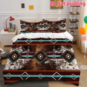 2D 3Pcs Boho Bed Set, Bohemian Southwest Cowhide Print Duvet Cover, Southwestern Ethnic Style Bedding with Geometric Patterns, Soft & Cozy Microfiber (1 + 2 Pillowcases, Unfilled) - for Western Farmhouse Bedroom, Home Deco