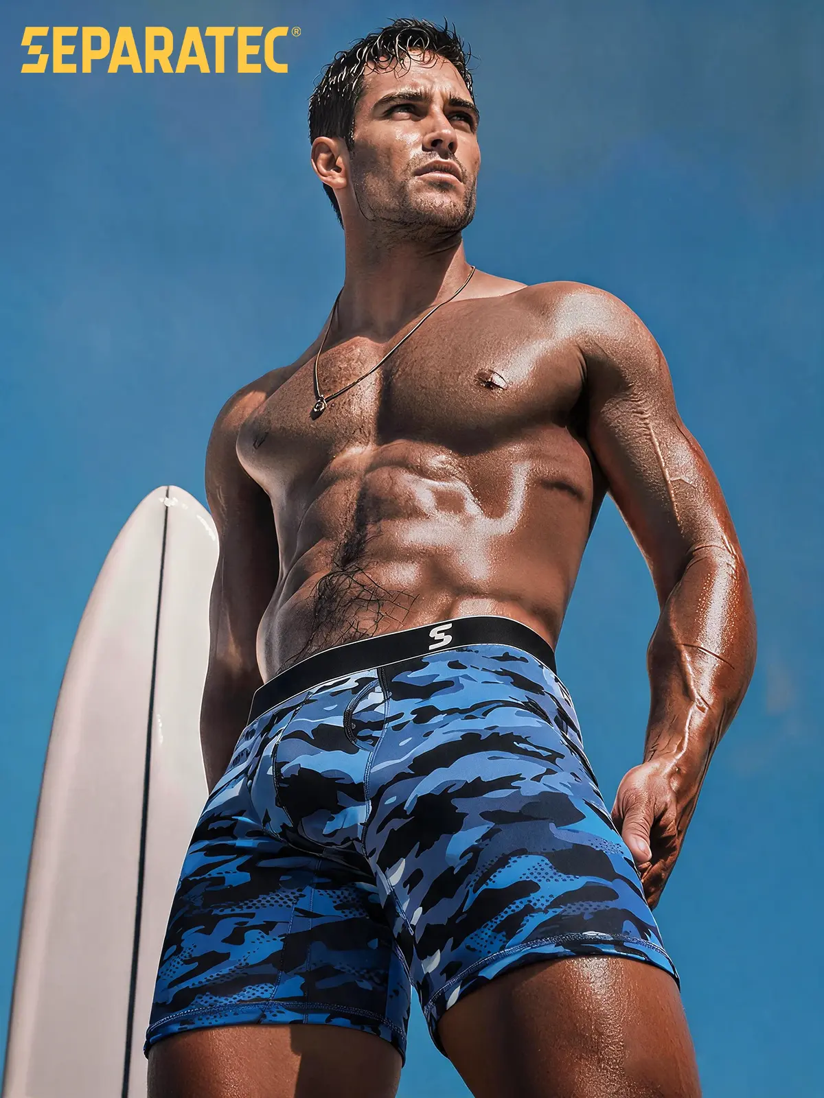 Separatec Men's Camouflage Print Dual Pouch Boxer Briefs - 3-Pack Polyamide-Spandex Fabric, Breathable Comfy Trunk Underwear, Machine Washable for Daily Wear, All-Season, Black+Dark Blue+Blue Camouflage