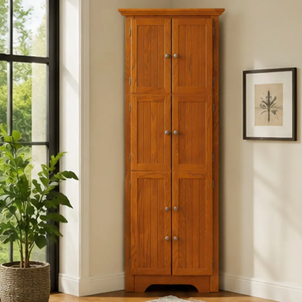 72-Inch Tall Corner Kitchen Pantry Storage Cabinet, 4-Tier Freestanding Cupboard with 8 Doors, Farmhouse Bookshelf Cabinet for Bathroom, Living Room, Kitchen, Oak Finish, Multi-Purpose Organizer, Home Furniture and Household Product Search