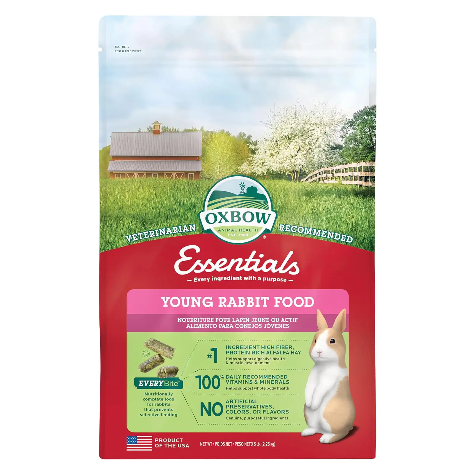 Oxbow Essentials Young Rabbit Food, High-Fiber Rabbit Pellets, USA, 5 lb Bunny Food for Young Rabbits, Made with High Fiber Oxbow Hay, Vitamins & Minerals, Uniform, Prevents Selective Feeding
