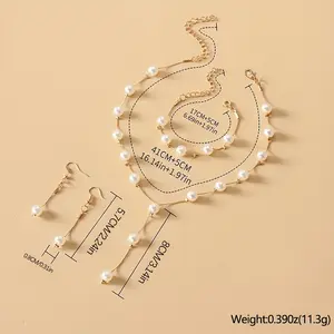 4pcs Pearl Earrings Bracelet Necklace Jewelry Set