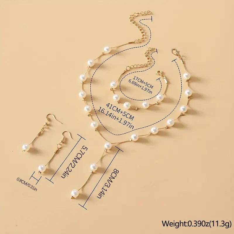 4pcs Pearl Earrings Bracelet Necklace Jewelry Set
