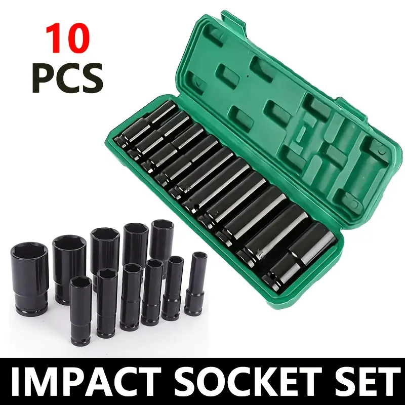 10pcs Impact Wrench Socket Set - Carbon Steel, 1/2 10-24mm Hex Tool for Auto Repair Including Portable Storage Box