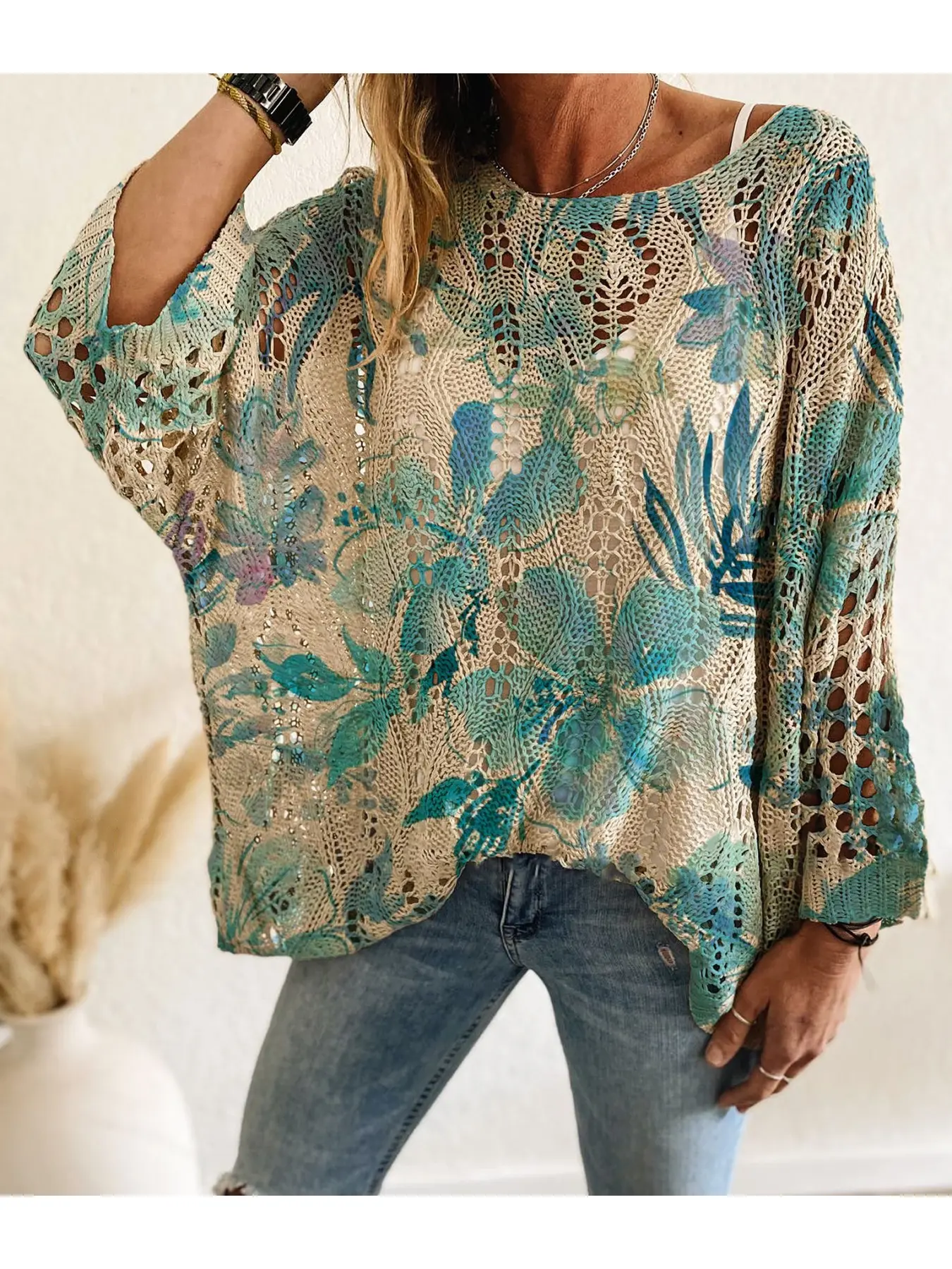 Spring & Summer off-shoulder diamond cutout batwing drop-shoulder loose knit top. Contrast floral print, long sleeve, bohemian & vacation style, casual elegant commute, Casual Boho Sheer Breathable. Cover-up for vests and bikinis.