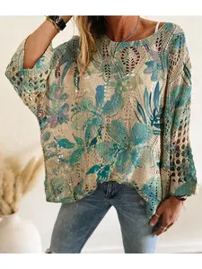 Spring & Summer off-shoulder diamond cutout batwing drop-shoulder loose knit top. Contrast floral print, long sleeve, bohemian & vacation style, casual elegant commute, Casual Boho Sheer Breathable. Cover-up for vests and bikinis.