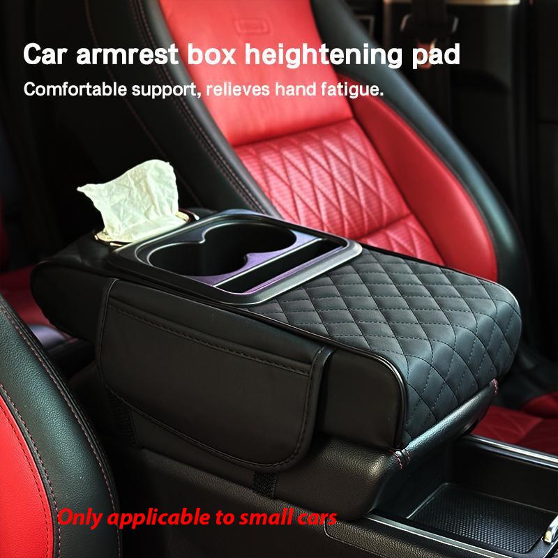 car armrest pad, 5-in-1 center console cover, with 2 storage bag cup holders, tissue box slot, sedan phone slot, car parts interior organizer (black and red)