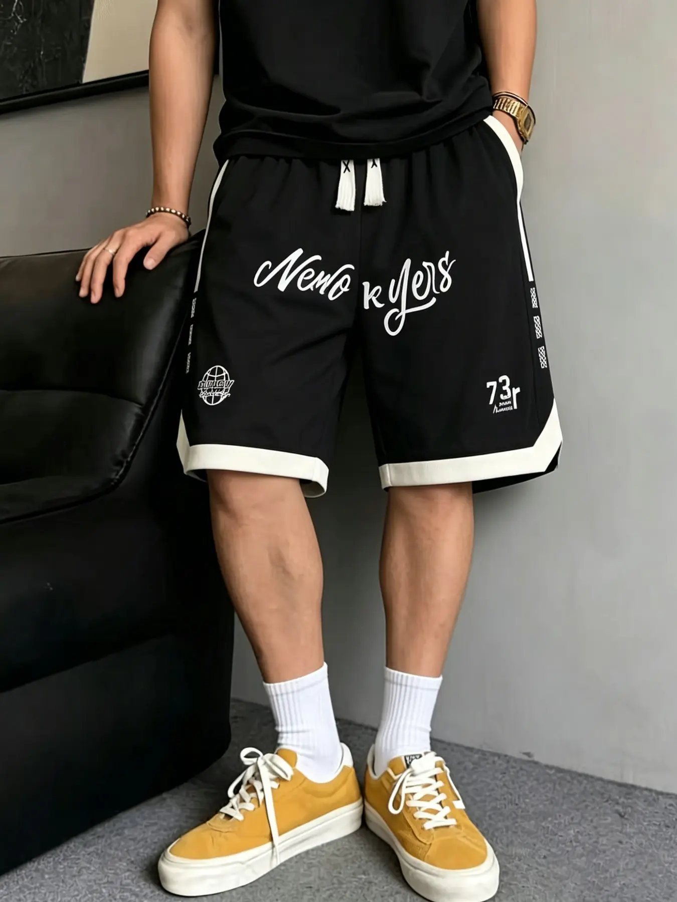 Men's American Style Shorts, Elastic Sporty Shorts, Summer Breathable Drawstring Sports Five-Pocket Pants, Streetwear Loose Basketball Pants, Casual Athletic Wear