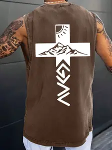 Men's Oversized Sleeveless T-Shirt with Cross Graphic Print, Cotton Knit Fabric Breathable Summer Streetwear, Loose Fit Casual High Street Fashion, Menswear