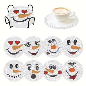 8 pieces/set of Colorful, irregularly shaped diamond Christmas-style snowman pattern artificial diamond painting set coasters, DIY crystal diamond painting wooden coasters with stand, suitable for adult office coffee MATS, family coasters