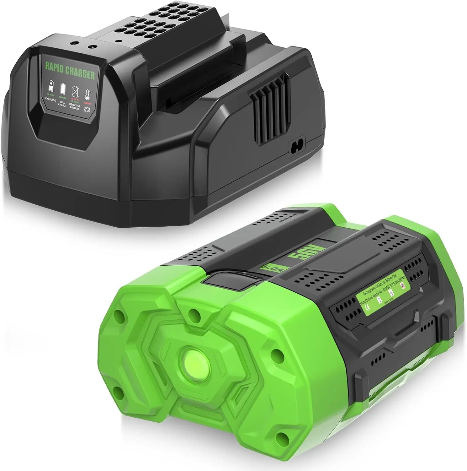1-Pack High Capacity 5.0Ah (5000 mAh) Lithium-Ion Batteries & Charger for EGO 56V Lithium-Ion Power Tools, Compatible with BA2800, BA1400, BA4200, HT2400, LB6504, LB5804, Green, Includes CH2100