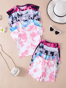 Girls' Tie-Dye Print Soft Knit Fabric Top and Shorts Set, Outdoor Activities, Seasonal Comfort, Perfect for Kids