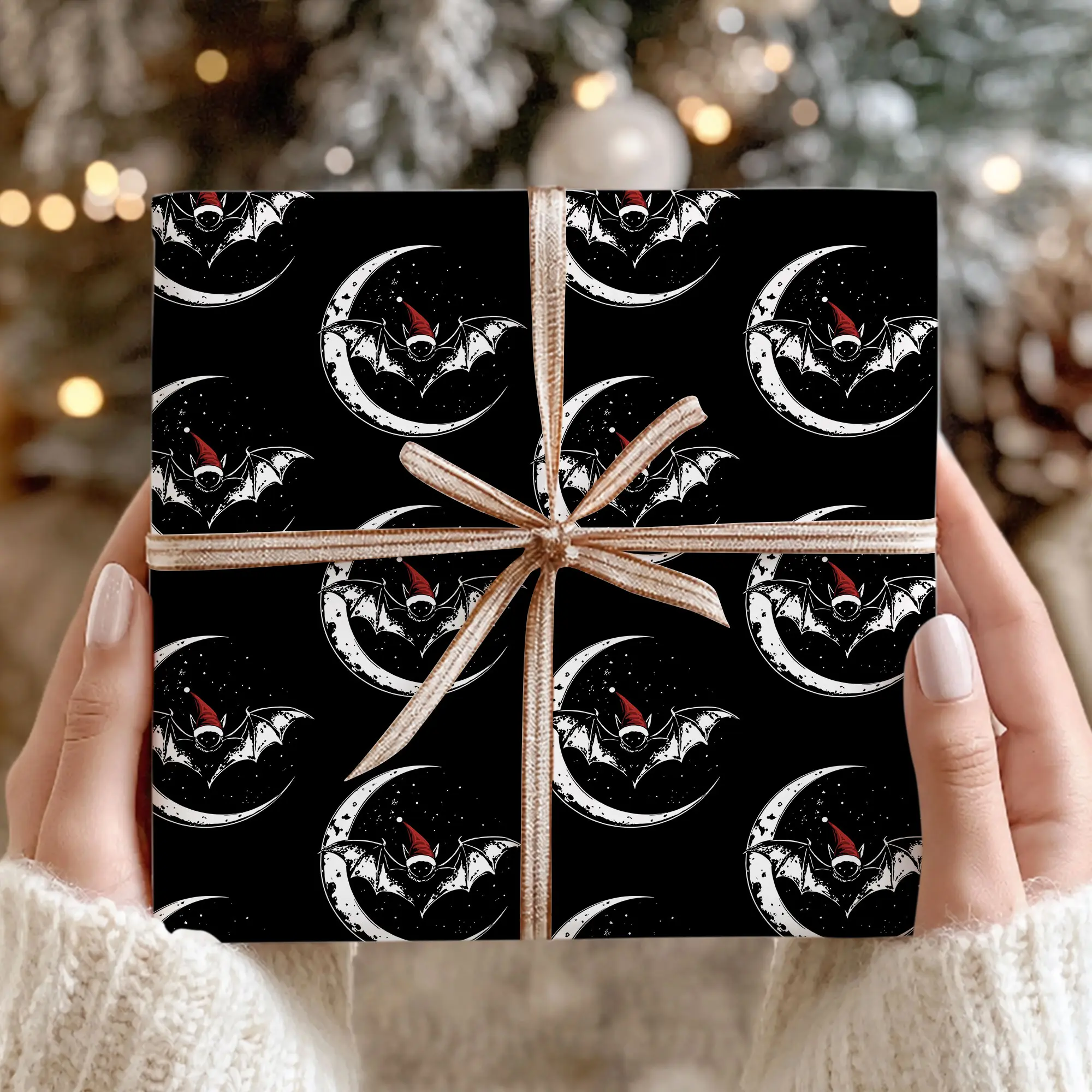 Bat Wrapping Paper, Crescent Moon Gift Wrap Roll, Gothic Christmas Paper with Santa Hat Bat for Holiday Gifts, Birthdays & Christmas Parties