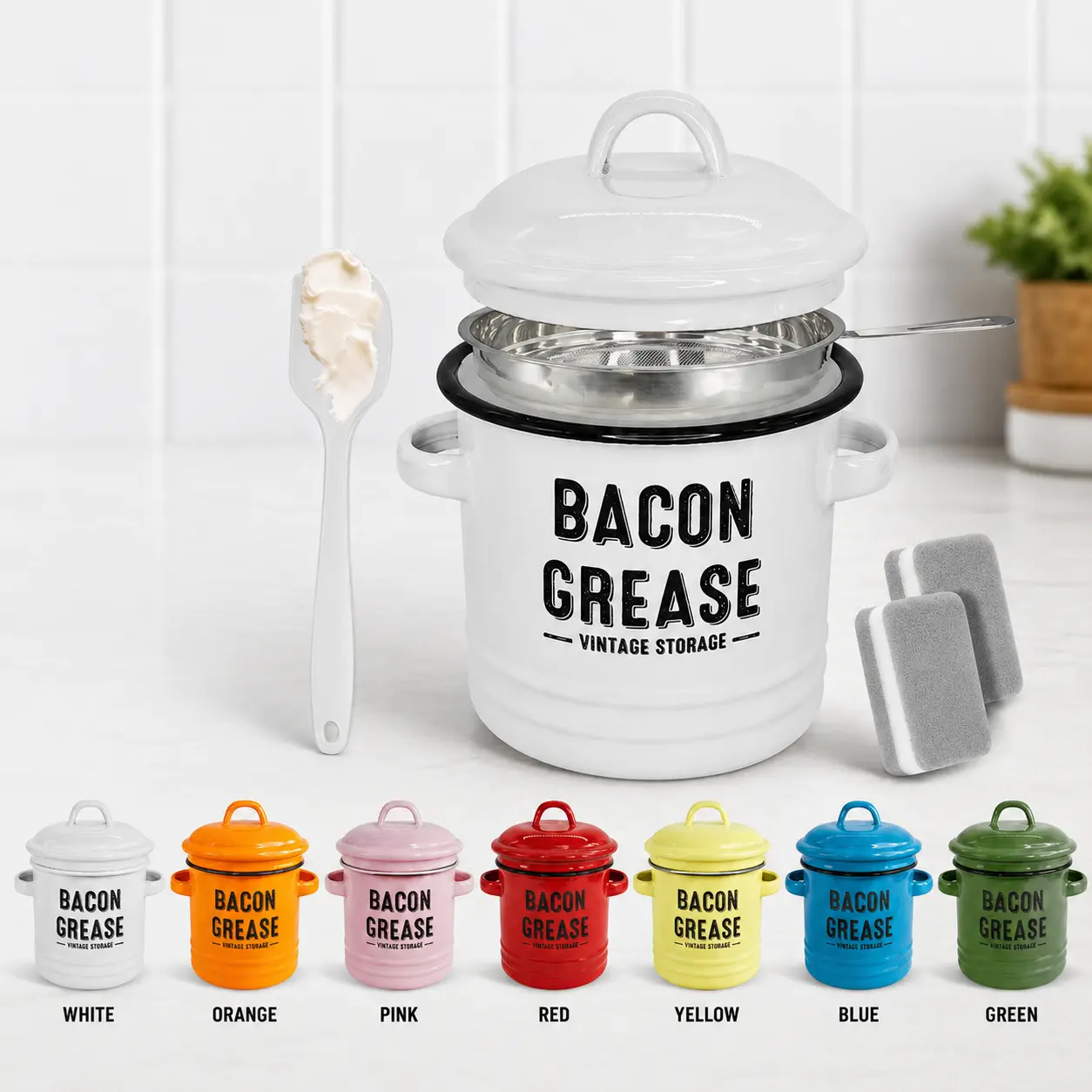 Rustic Farmhouse Enamel Bacon Grease Container - Large Enamel Grease Saver Strainer for Efficient Kitchen Use with Fine Mesh Strainer and Food-Grade Silicone Spatula, 46oz Retro Farmhouse Style Large Enamel Oil Keeper, Dishwasher Safe Kitchen Utensil tikt