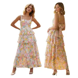 Women Summer Boho Backless Floral Maxi Dress Spaghetti Strap Deep V Neck Lace Sheer  Long Ruffle Flowy Dresses Vocation Dress
