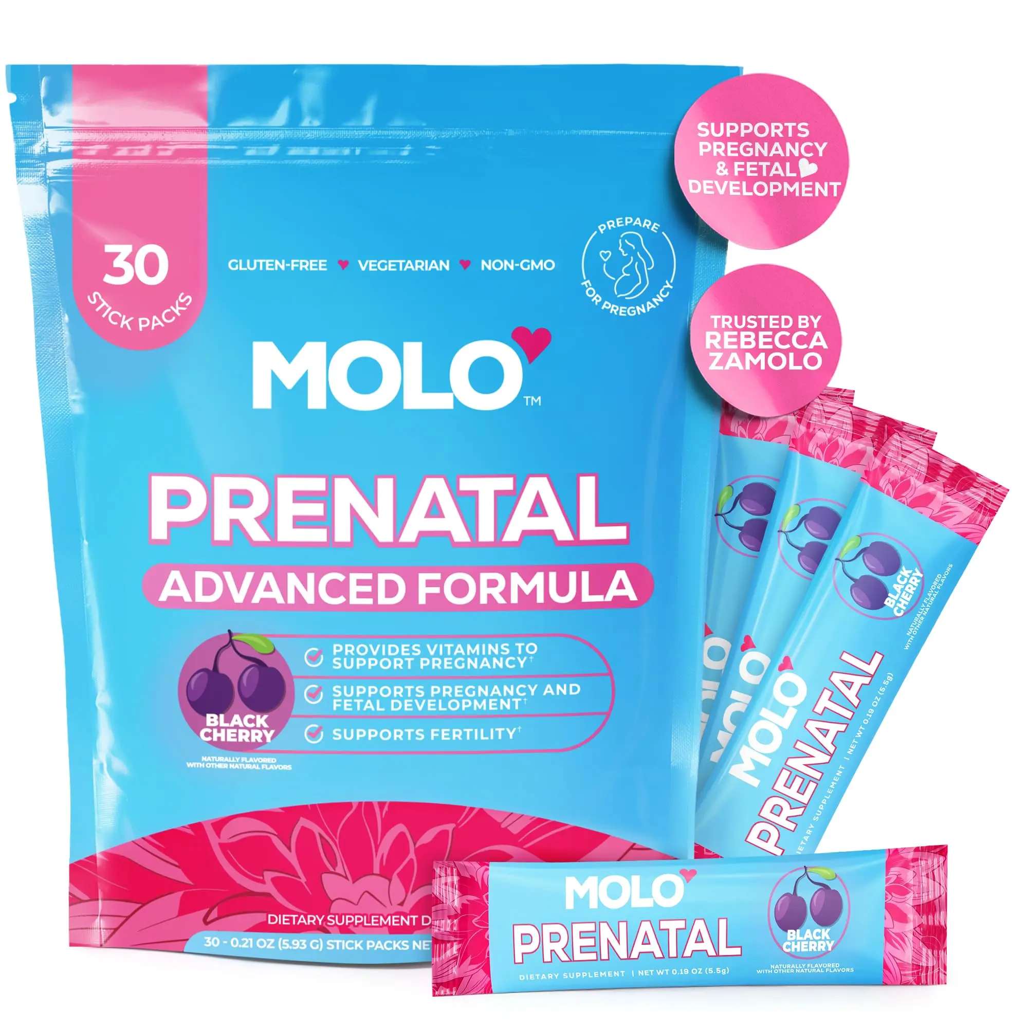 MOLO Prenatal Multi-Vitamin Drink Mix for Women – Packed with Essential Vitamins & Antioxidants, Methylfolate, & Iron – 30 Stick Packs Black Cherry Flavor – Vegetarian, Gluten-Free & Non-GMO