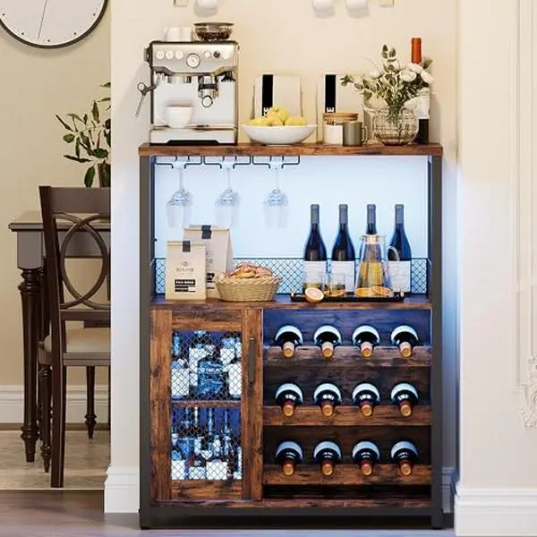 GARVEE Wine Bar Rack Cabinet with LED Light, Coffee Bar Cabinet, Metal Wood Sideboard Buffet with Removable Wine Rack & Glass Holder, Freestanding Buffet Cupboard Organizer for Home Dining Kitchen,Retro