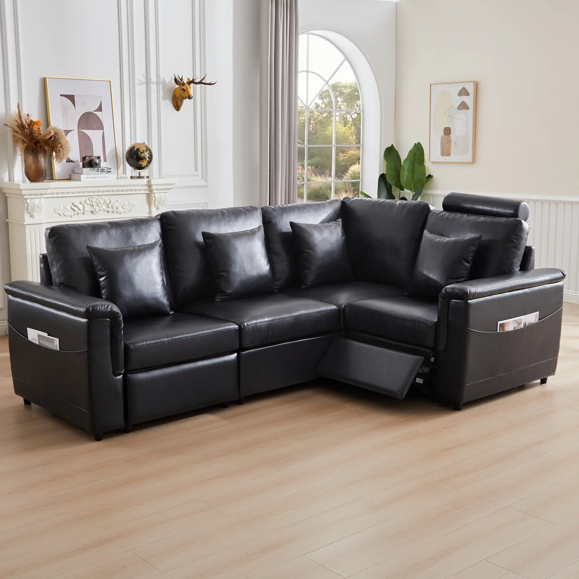 Modular sofa set (with electric recliner function) — 4-seat L-shaped corduroy recliner set with headrest; flexible configuration, fluffy and cloud-like comfort living room sofa, couples’ sofa