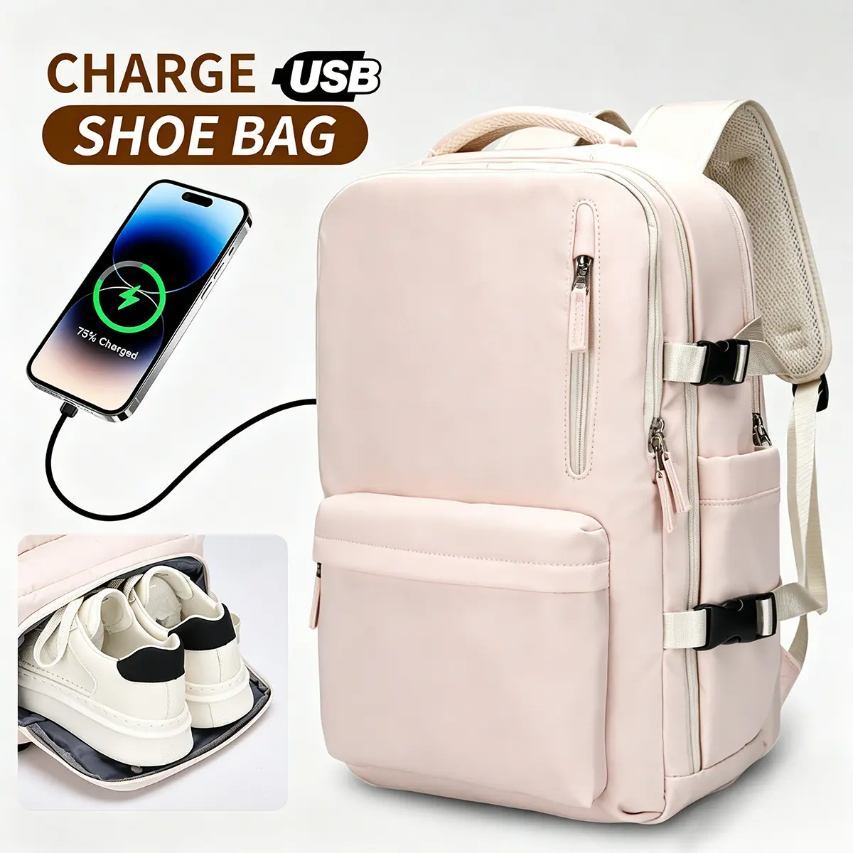 DENUONISS Polyester/Nylon Minimalist Large Capacity Waterproof Plain Backpack for Adults, Casual Book Bag with USB Port, Lay-Flat Design, Zip Shoe Compartment, Breathable Back Pad, Built-In Organizer