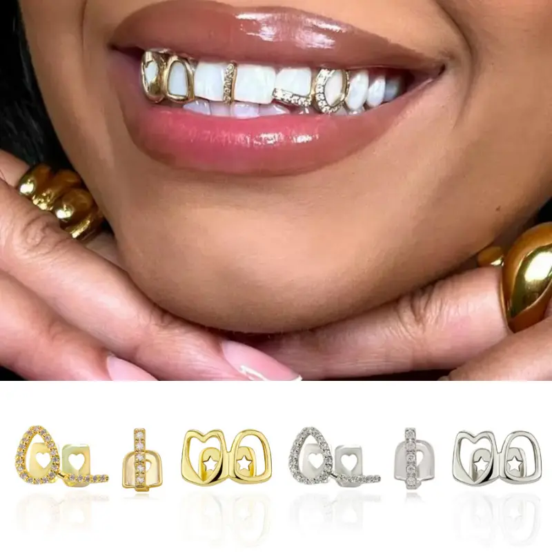 3 Pcs Hollow  Stick bling Three-pin Braces Grillz cap Everyday Outing Cool Glossy Golden Teeth Hip-hop Versatile  body  candy Metal Fashion Dental Bracket Accessories Oral Daily set bottom charm grill luxury jewelry style chic