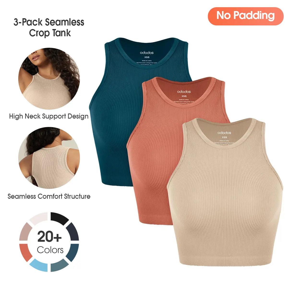 ODODOS 3-Pack Seamless Waist Length Tank (No Padding) for Women Ribbed Soft High Neck Tight-fitting Tops Fit Cute,Waist Length,Slim-fit Basic Fashion tank tops,back to school,back to school shopping