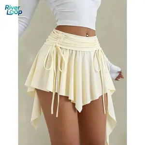 Women's Solid Asymmetric Pleated Mini Skirt with Drawstring, Summer Casual A-Line Dress, Trendy Fashion for Daily Wear