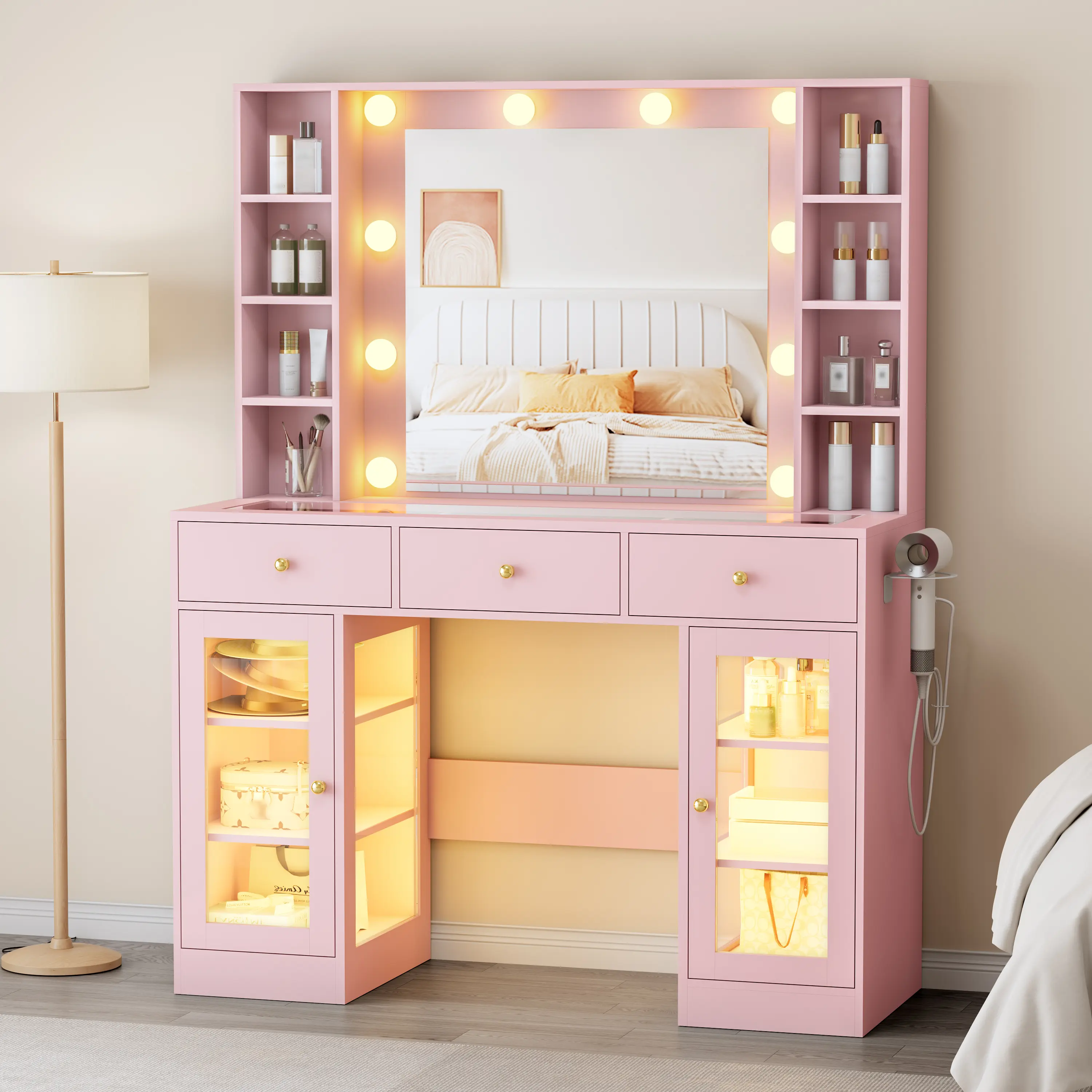 Large Size Chic Makeup Vanity Desk with Mirror, Built-in LED Lighting (Colored Lights), Power Outlet & USB Port, 5 Drawers, 2 Cabinets & Spacious Storage Shelves, Functional Makeup Table Set for Girls